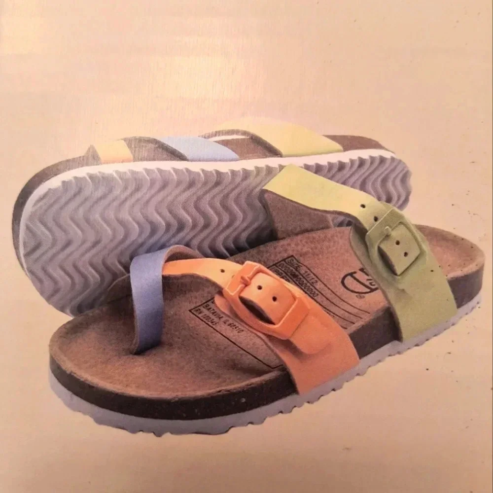 Toddlers 9 10 flatbed sandals multicolor orange green blue new summer slip on Bu